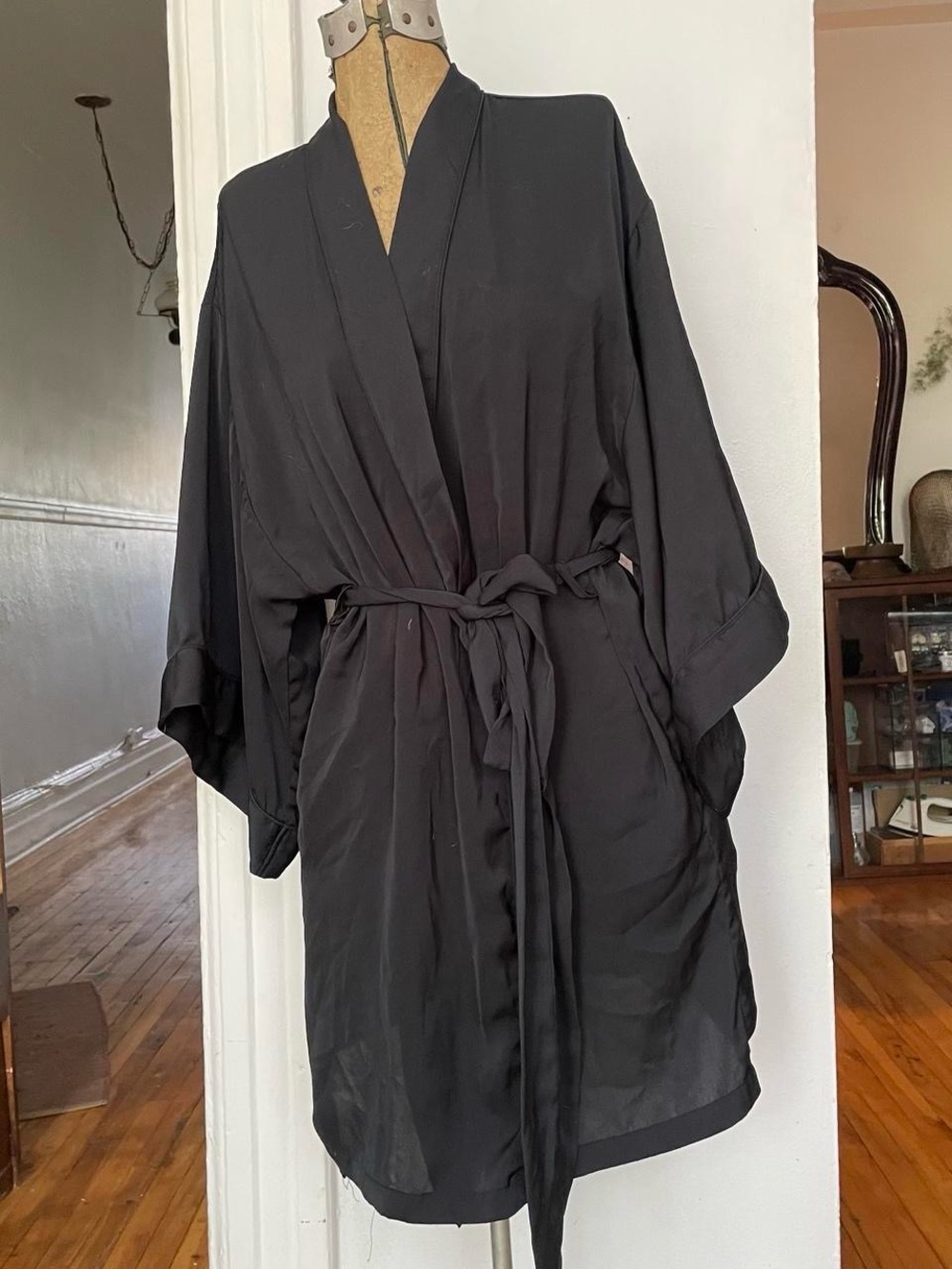 Black Satin Wrap Kimono Robe